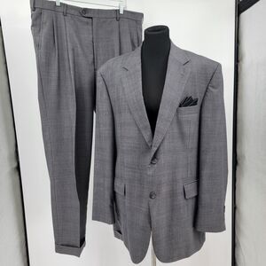 Stafford Mens Gray 100% Wool Puppytooth Plaid 2-Pc Suit 46R / Trousers 40x32